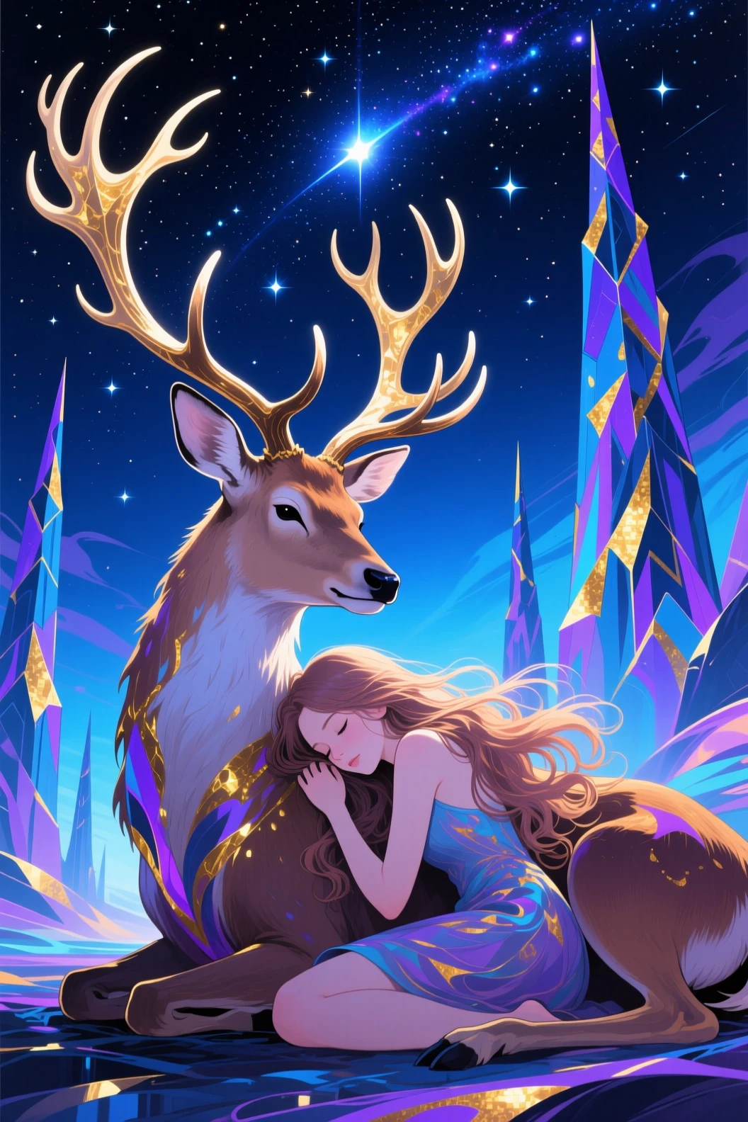 Mädchen ruht mit majestätischem Hirsch unter sternenklarem Himmel