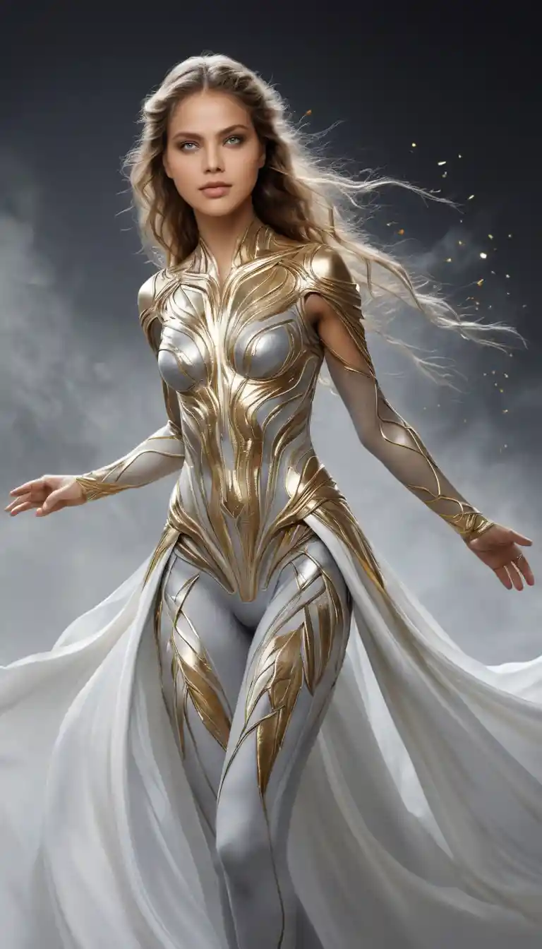 Woman in cracked gold body art against abstract white background