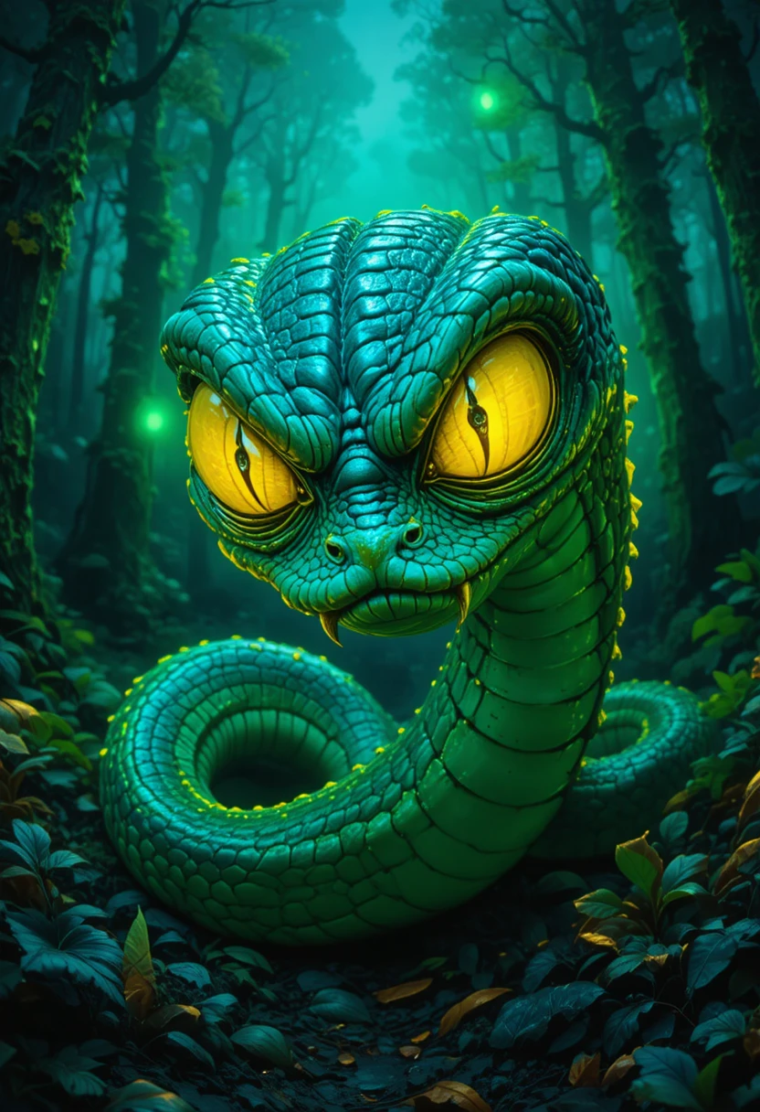 Serpiente Monstruo Neón con Ojos Amarillos Gigantes en Bosque Oscuro