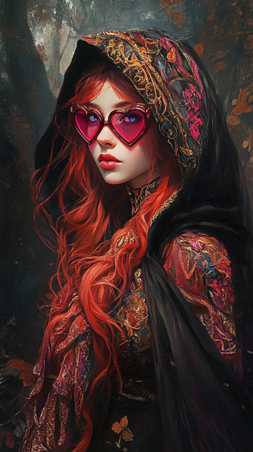 Whimsical masked warrior woman in a dark misty forest
