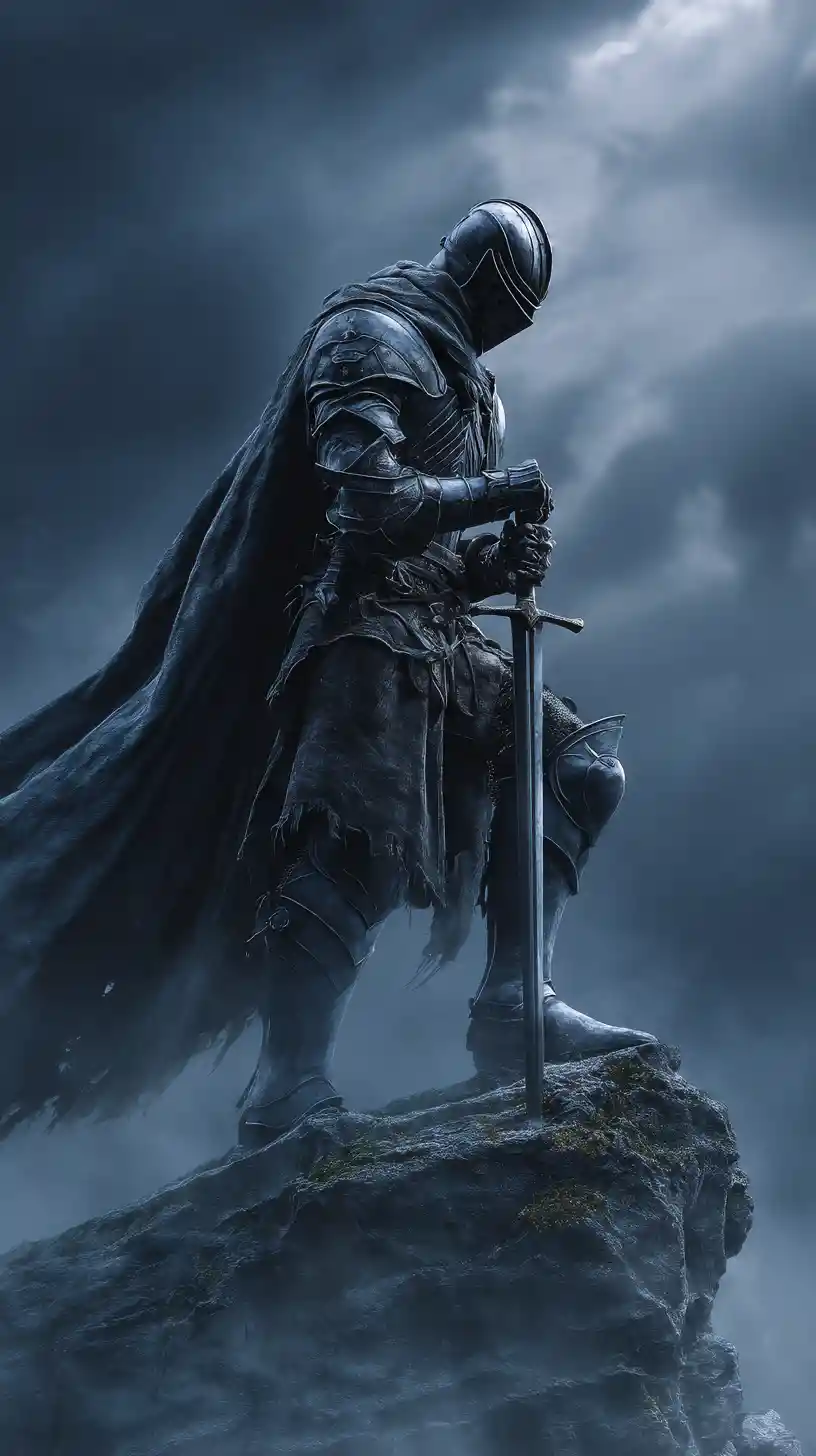 Lone armored knight on jagged rock under stormy twilight sky