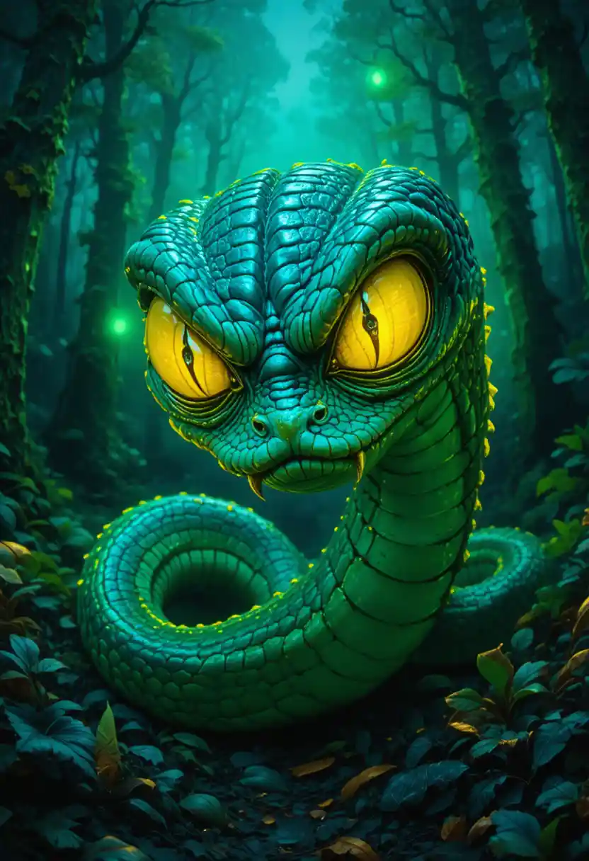 Serpiente Monstruo Neón con Ojos Amarillos Gigantes en Bosque Oscuro