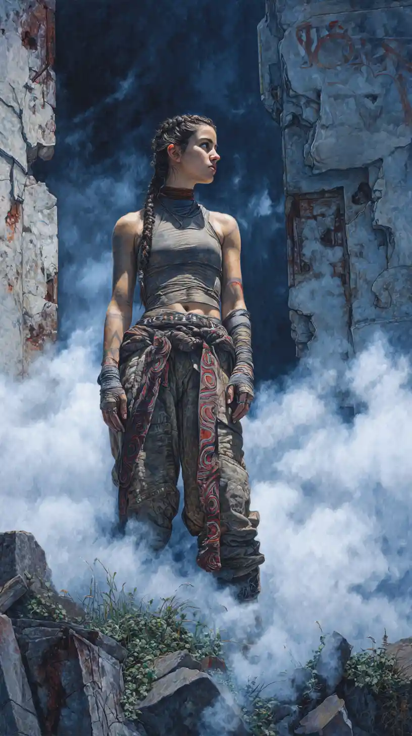 Indigenous warrior woman in urban ruins under dramatic light