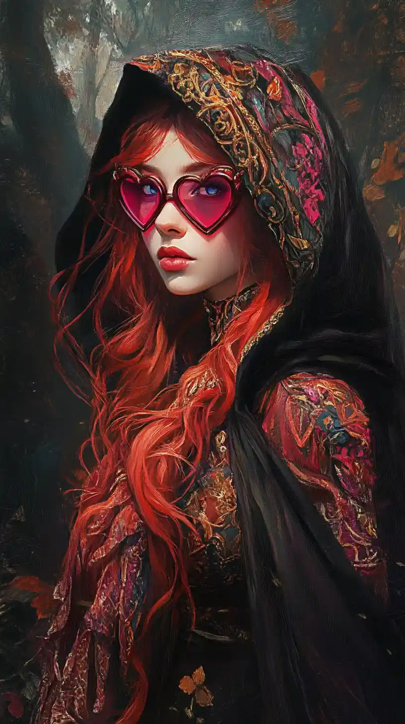 Whimsical masked warrior woman in a dark misty forest