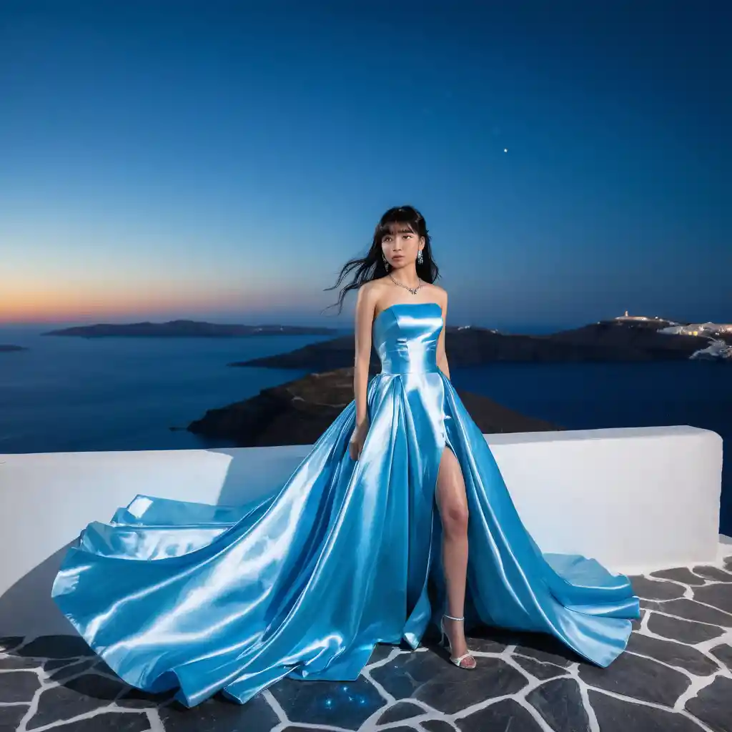 Elegante mujer japonesa con vestido de satén azul de noche