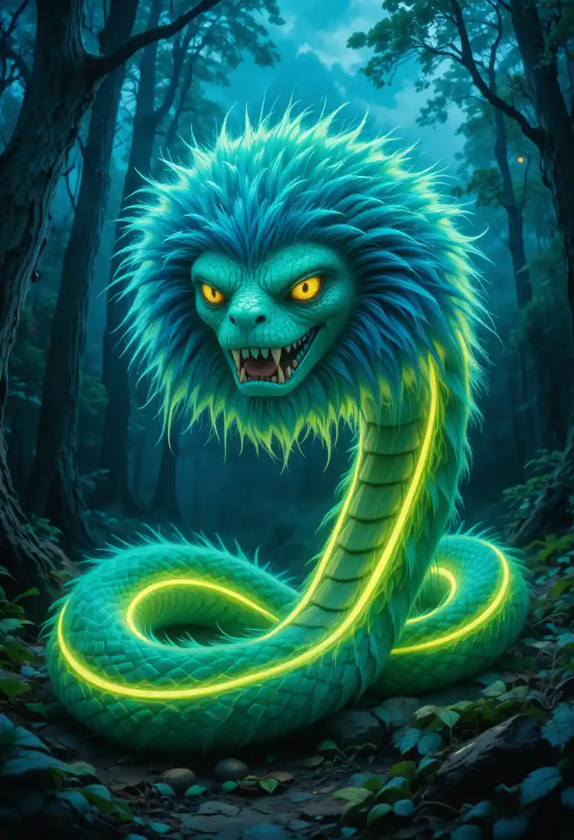 Neon Monster Snake Leaning Forward In Dark Forest
