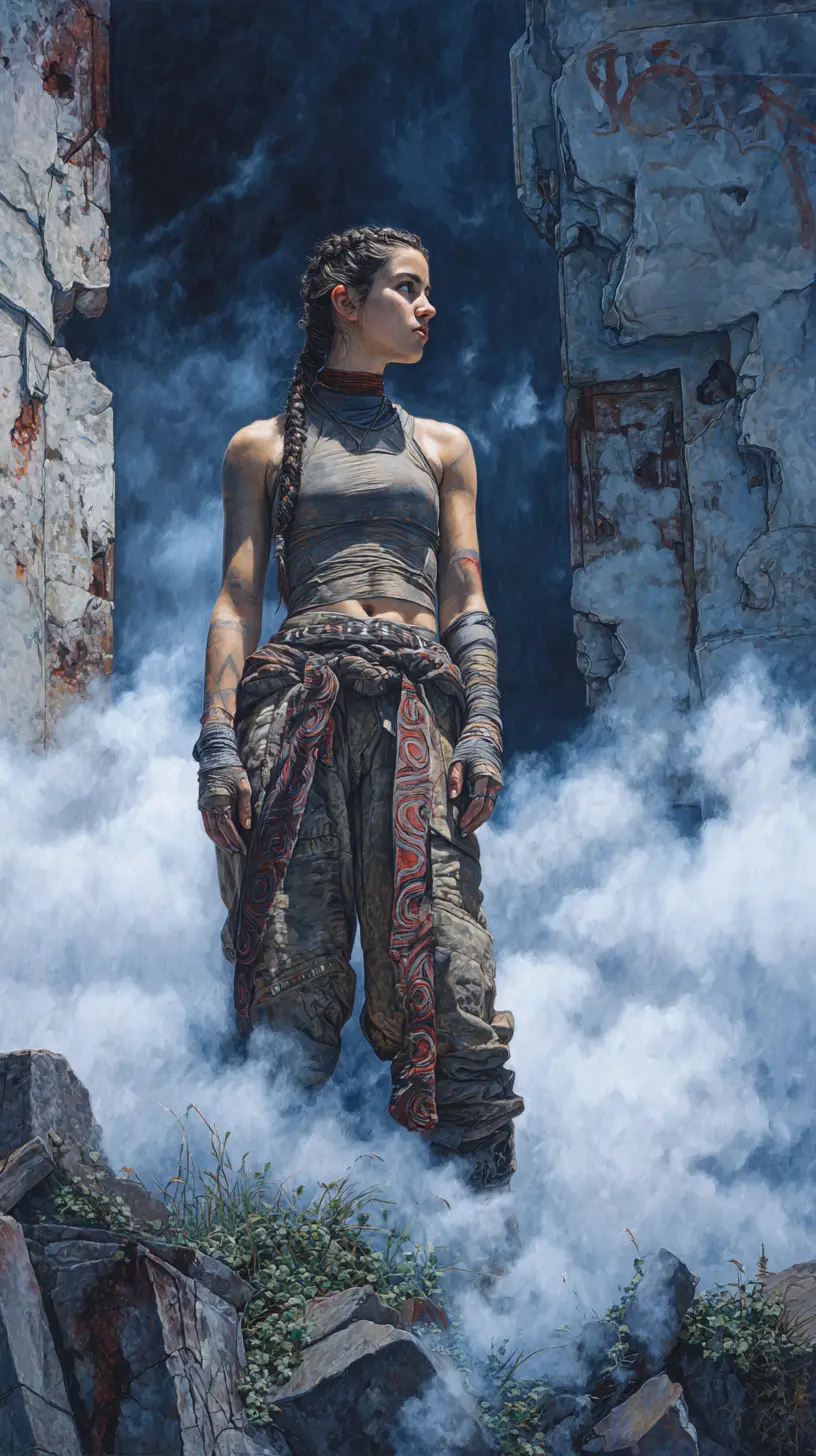 Indigenous warrior woman in urban ruins under dramatic light
