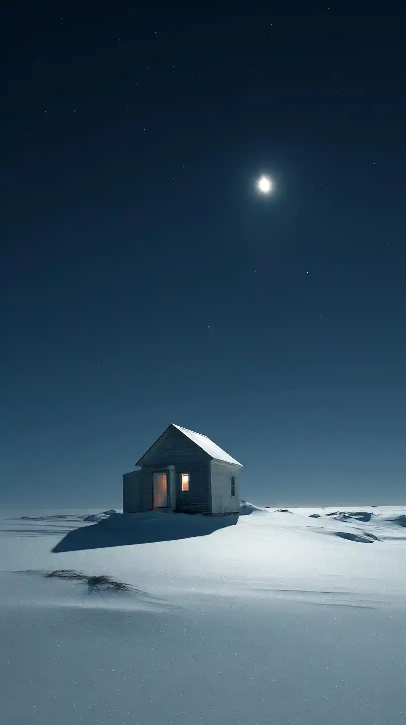 Lonely Wooden House On A Snowy Hill Under Full Moon