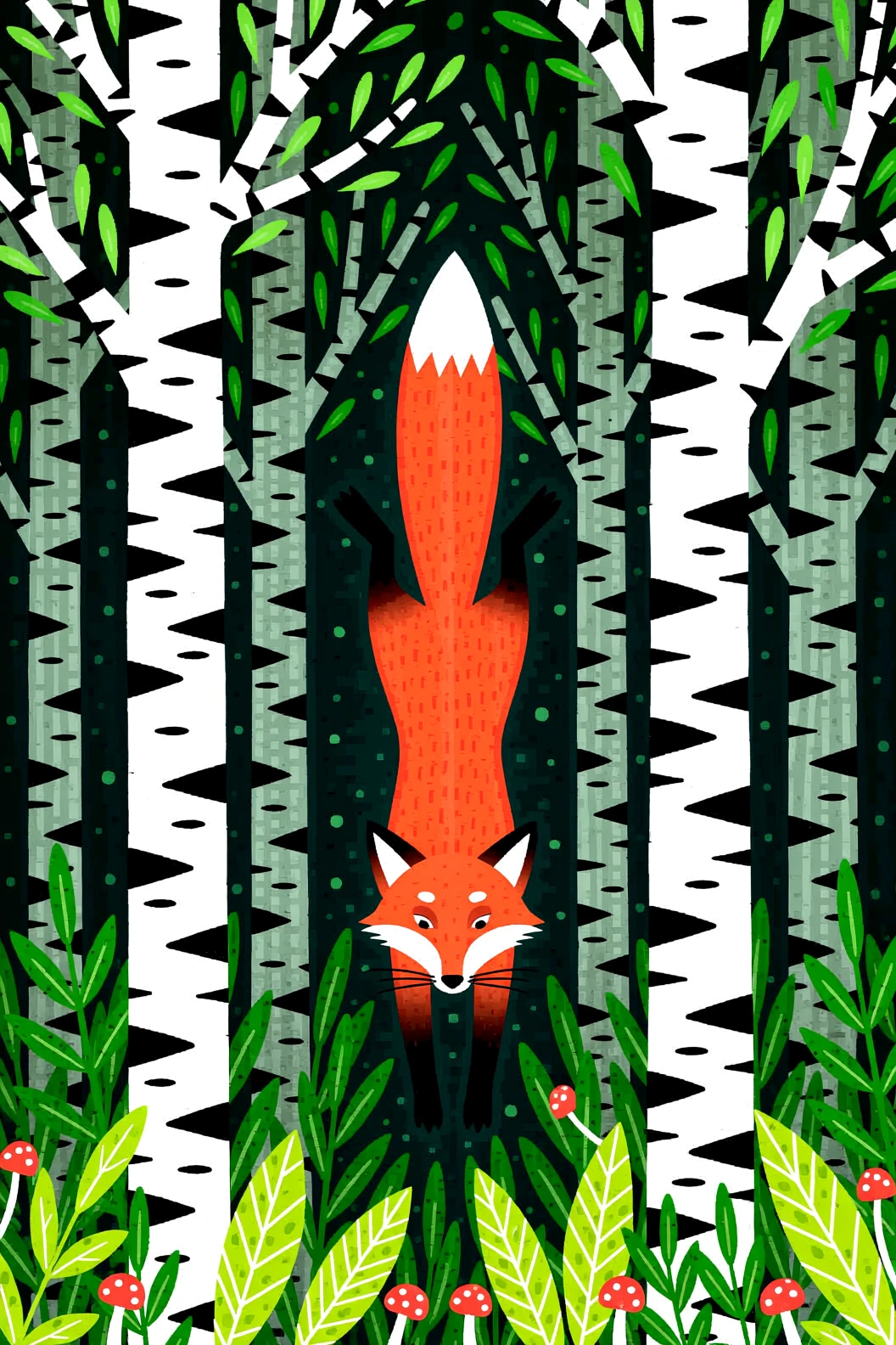 Roter Fuchs springt durch einen dichten Aquarellwald
