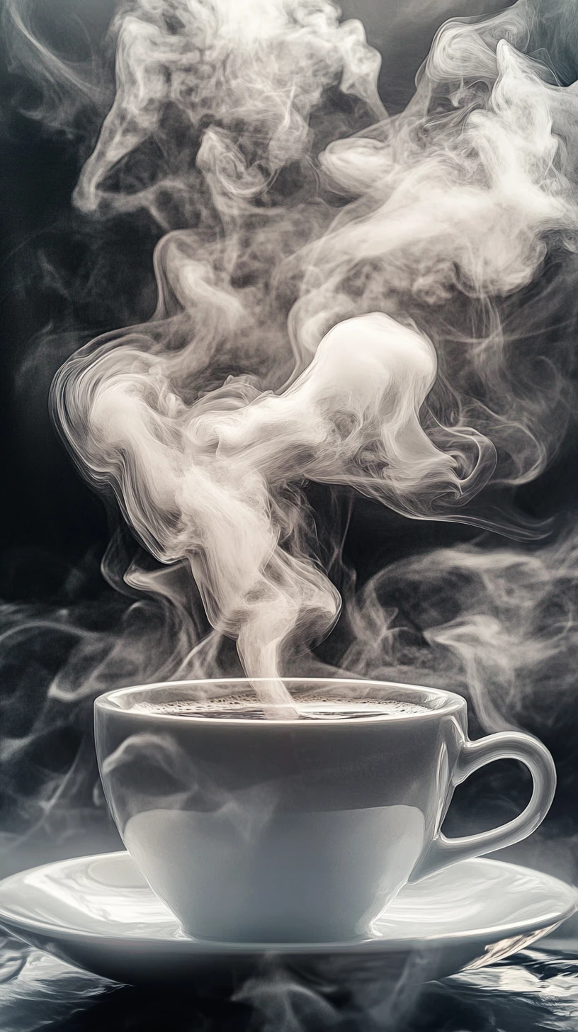 Vórtice de humo que forma una taza flotante de café negro