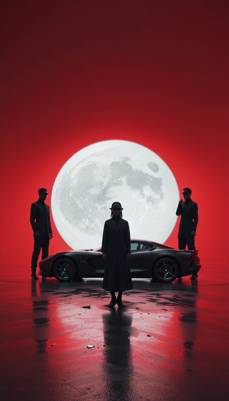 Póster minimalista de auto deportivo y luna sobre degradado rojo