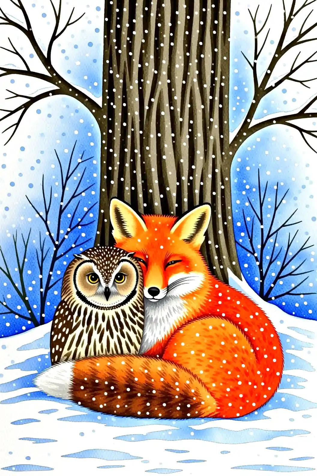 Cozy fox and owl cuddling in a snowy winter forest