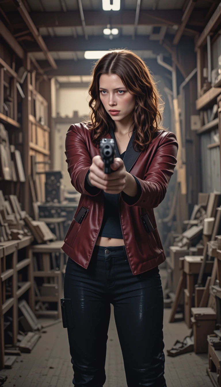Focused woman aiming a pistol in a dim industrial room