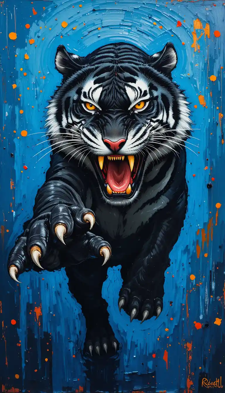 Tigre negro feroz abalanzándose hacia adelante en óleo impasto