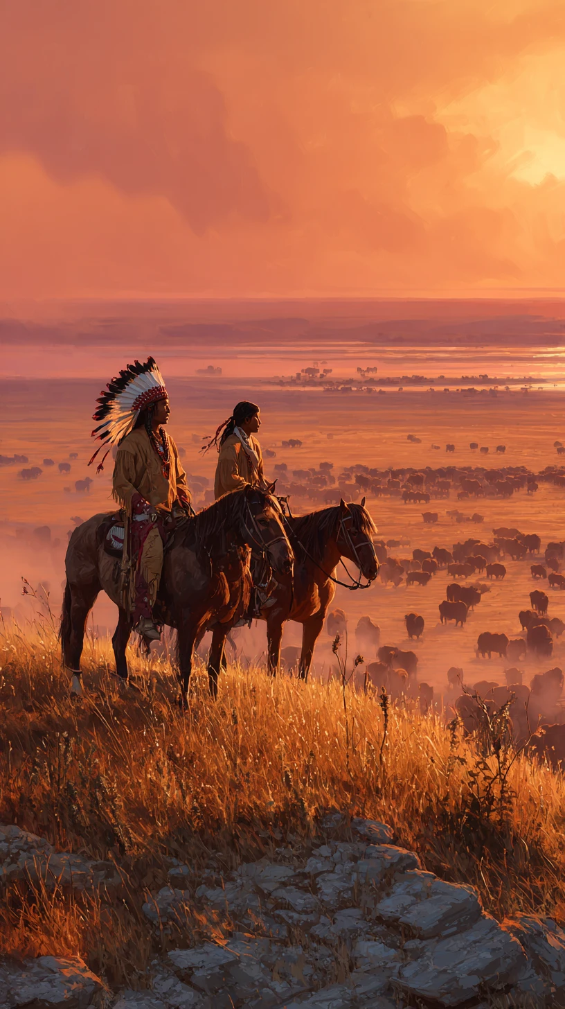 Cavalieri indigeni che osservano al tramonto una lontana mandria di bisonti