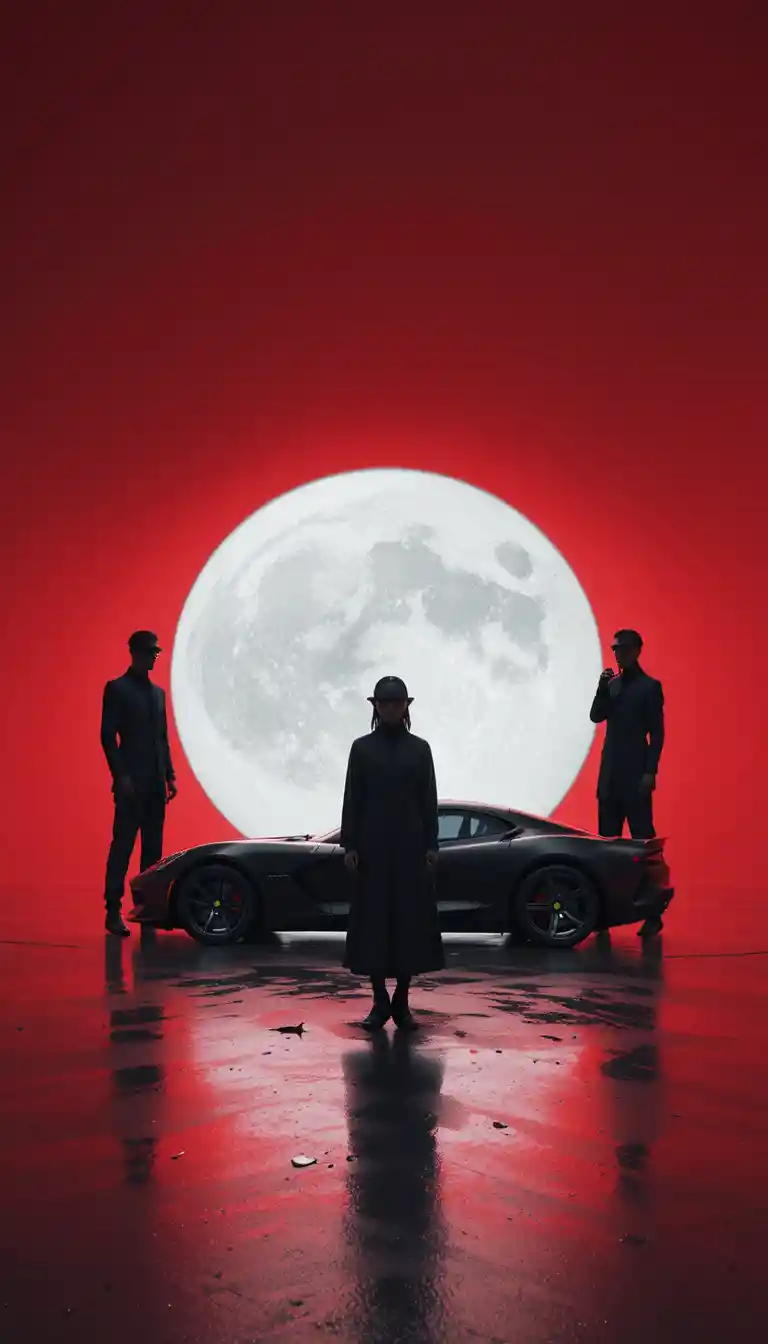 Póster minimalista de auto deportivo y luna sobre degradado rojo