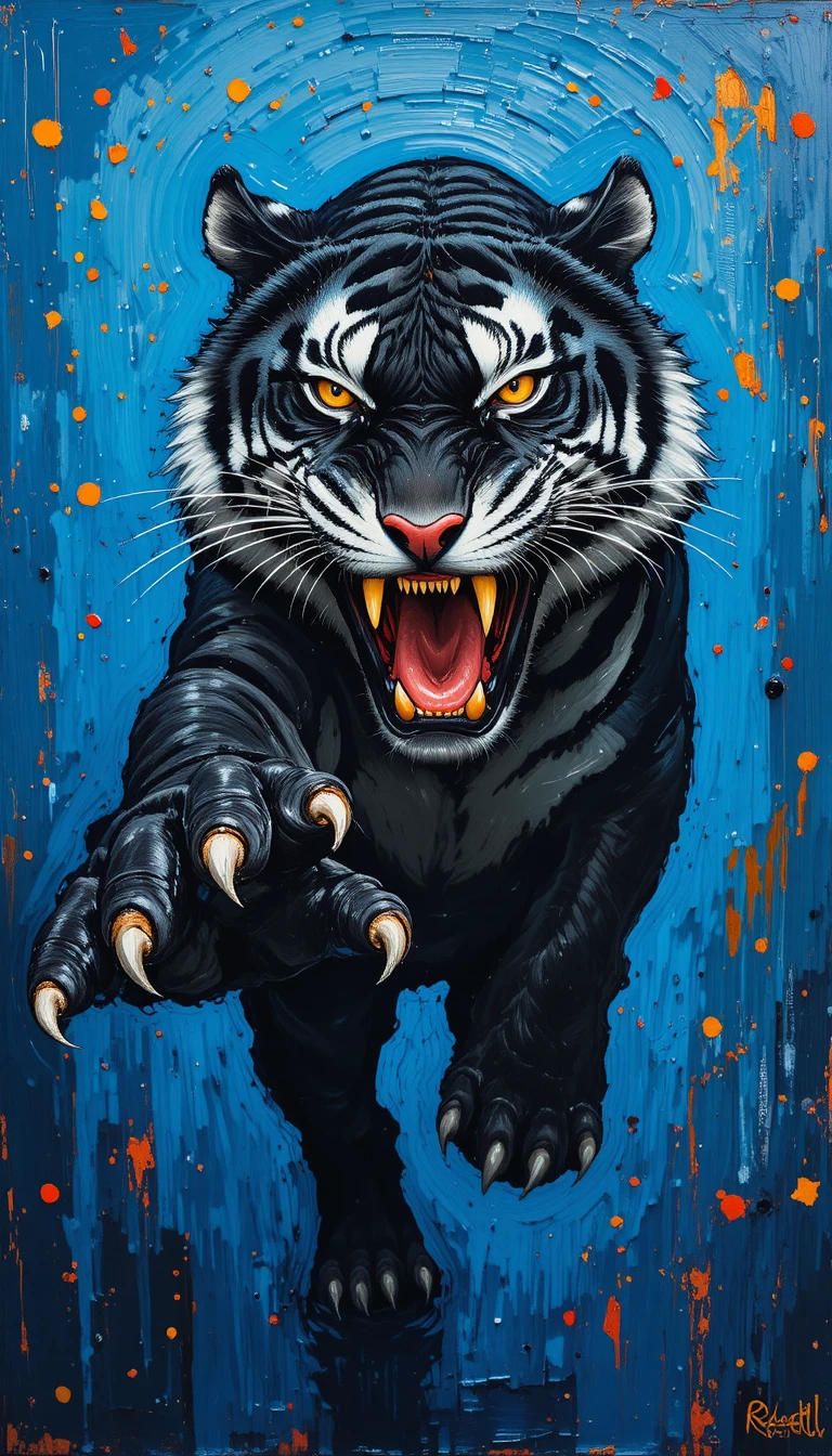 Tigre negro feroz abalanzándose hacia adelante en óleo impasto