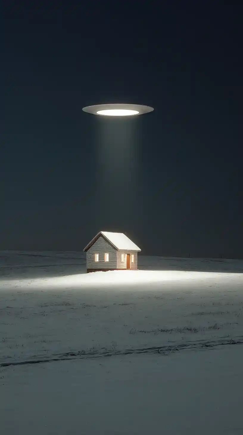 Isolated snowbound house under full moon with hovering ufo