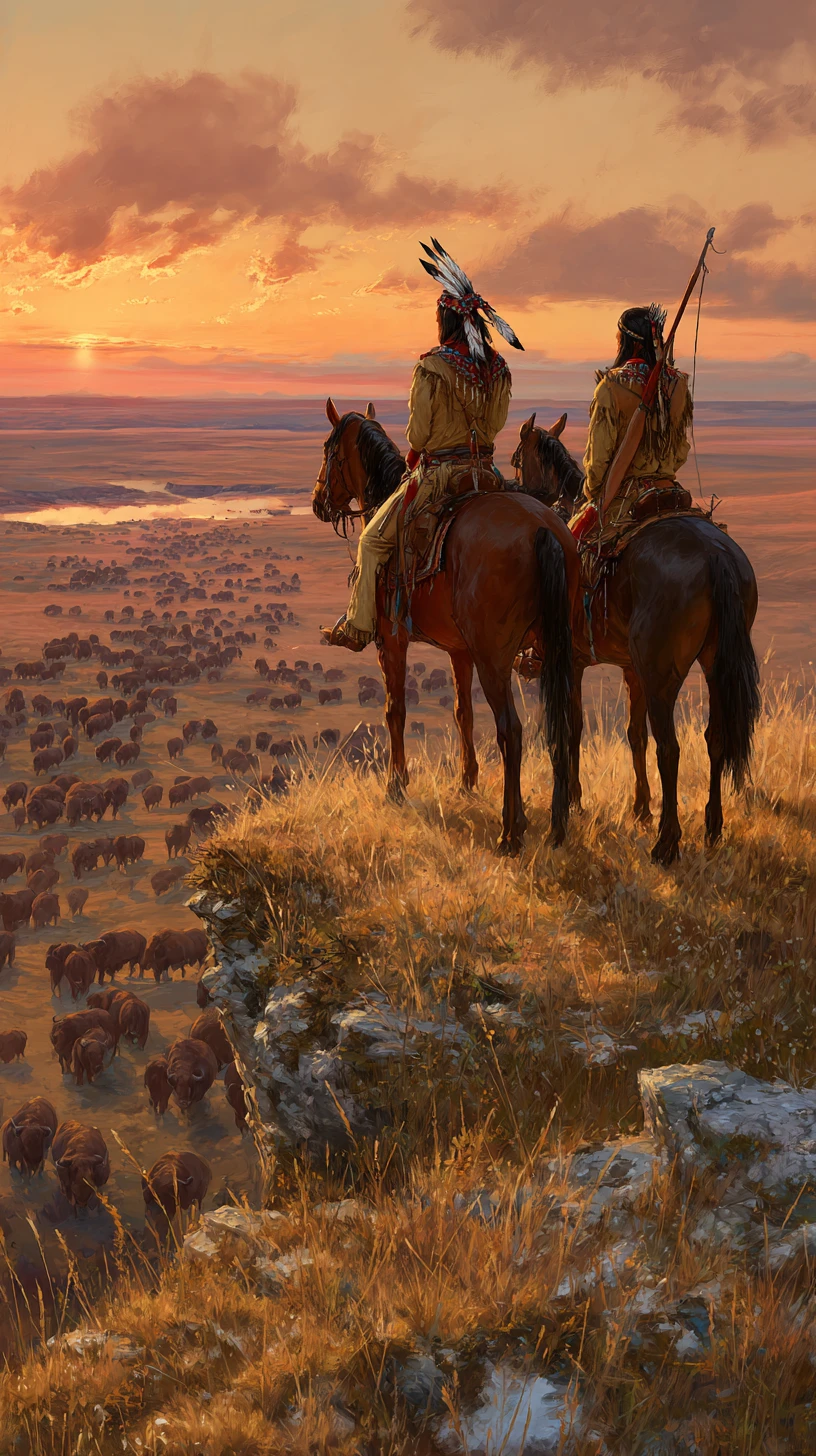 Indigenous Riders Overlooking Bison Herd At Sunset