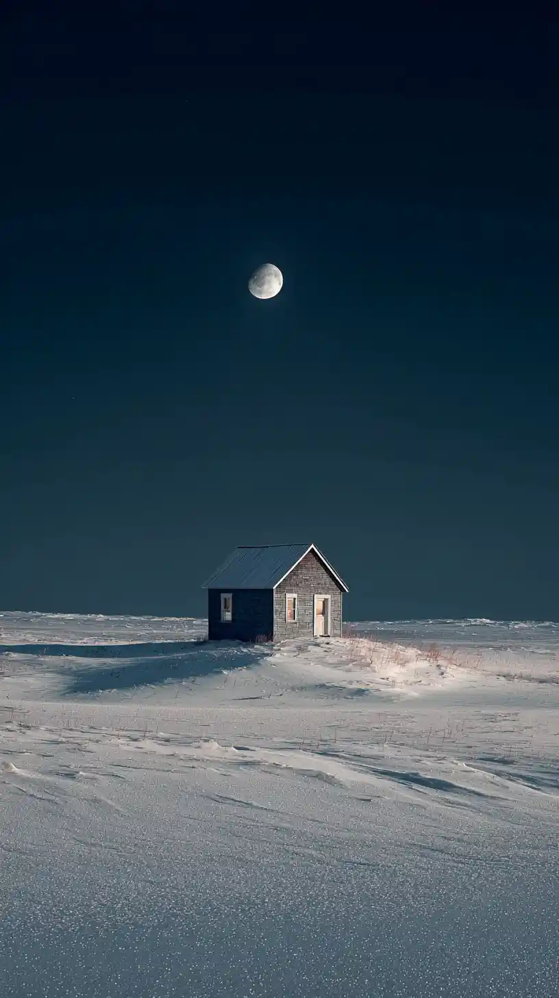Einsames Holzhaus auf verschneitem Hügel unter Vollmond