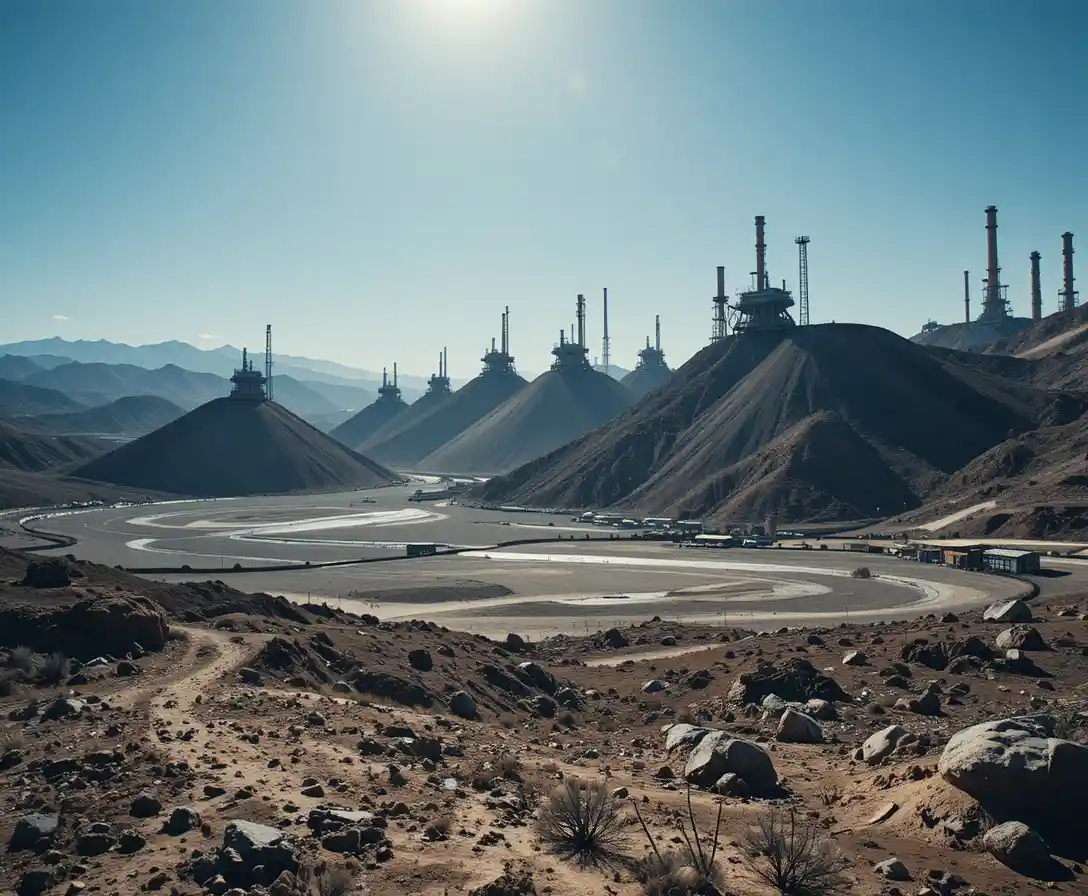 Terrils de scories industrielles dominant un paysage aride et désolé