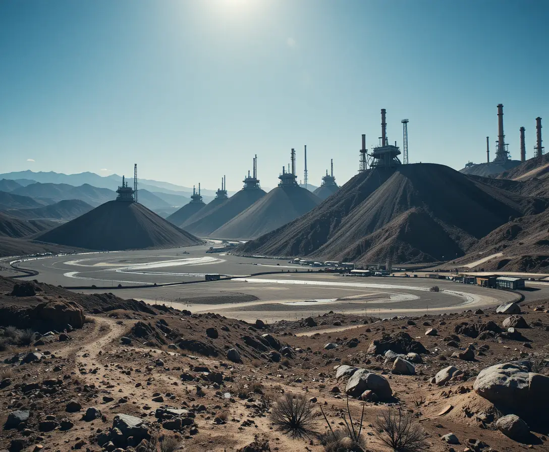 Industrial slag heaps rising over a barren desolate landscape
