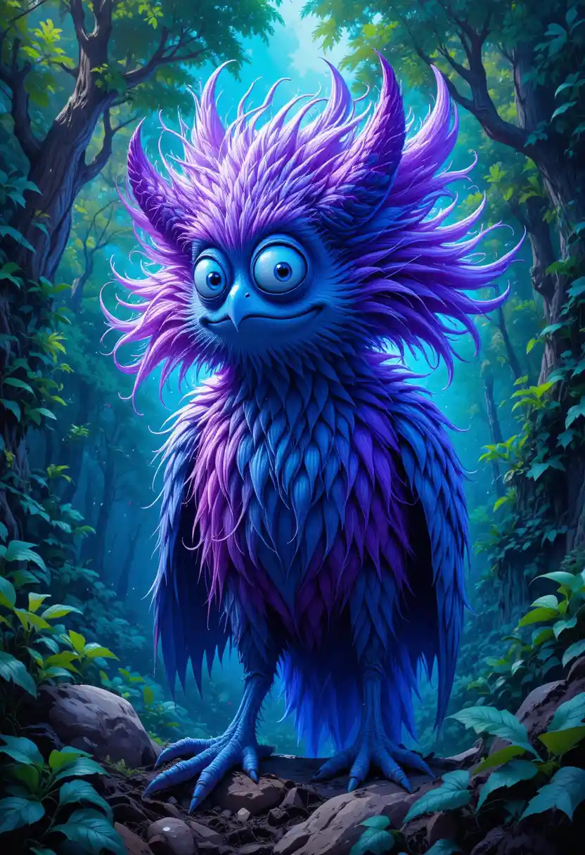 Playful neon fantasy bird leaning toward the viewer