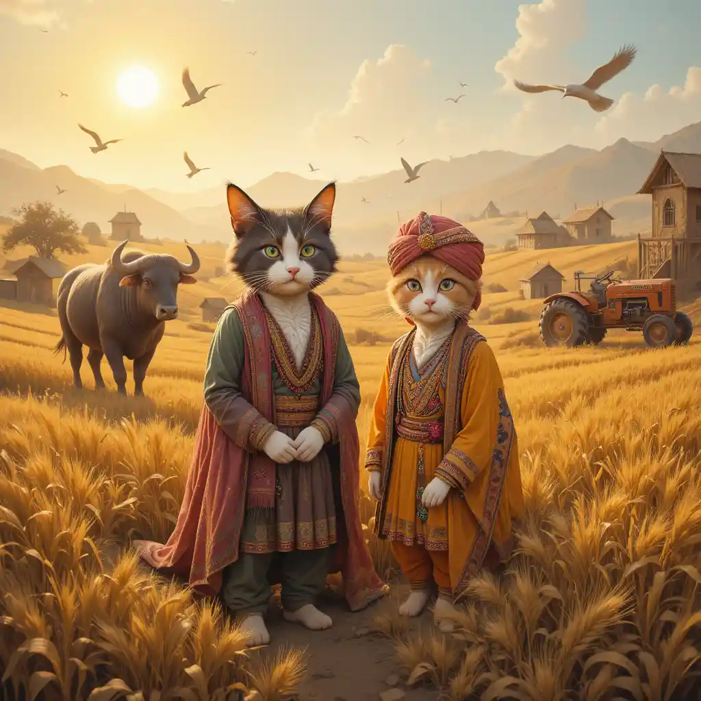 Anthropomorphe Punjabi-Katzen an einem friedlichen Dorfmorgen