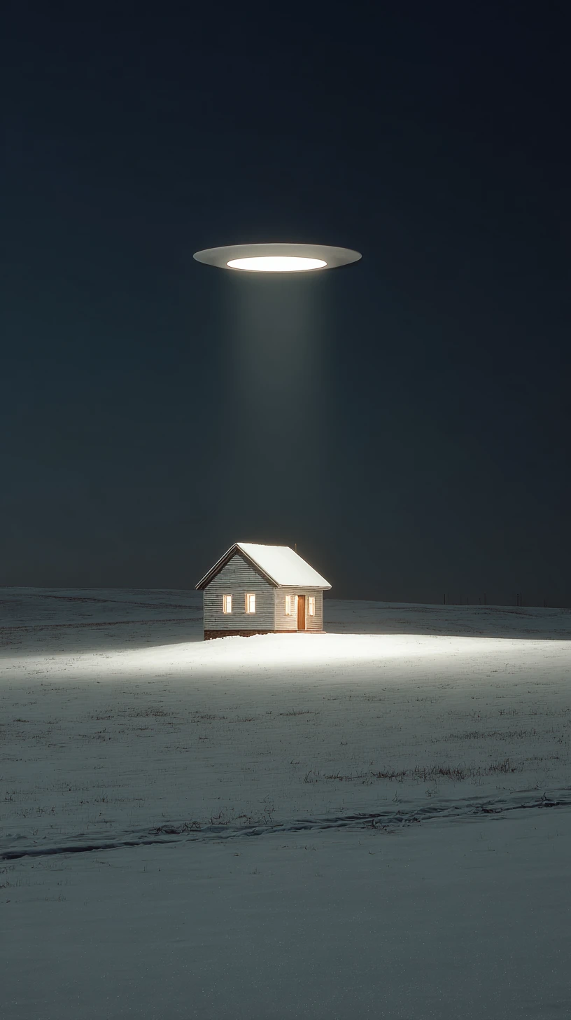 Einsam verschneites Haus im Vollmond mit schwebendem UFO