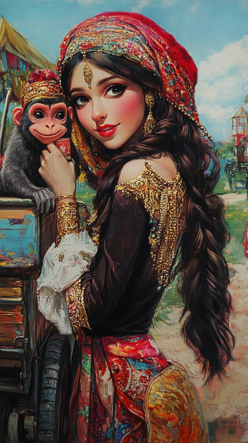 Gypsy woman with monkey by caravan in pop art style