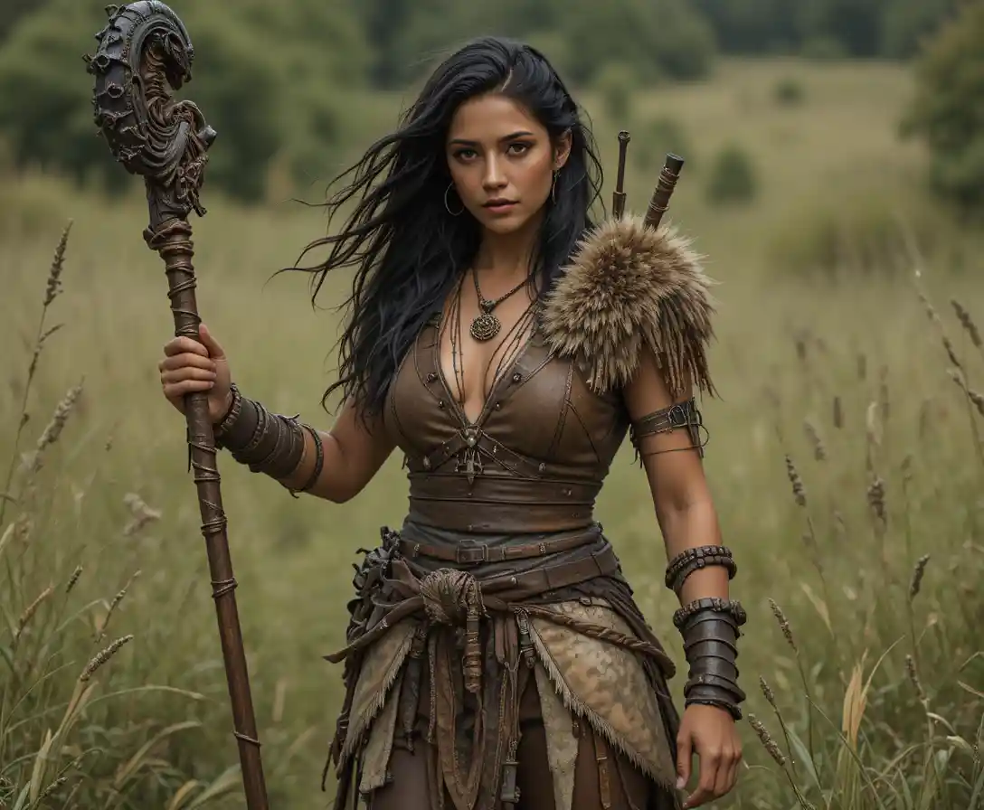 Nomadic druid woman standing on open sunlit grassland