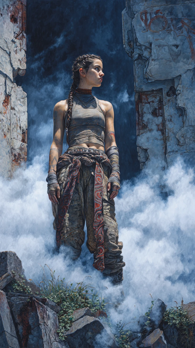 Indigenous warrior woman in urban ruins under dramatic light