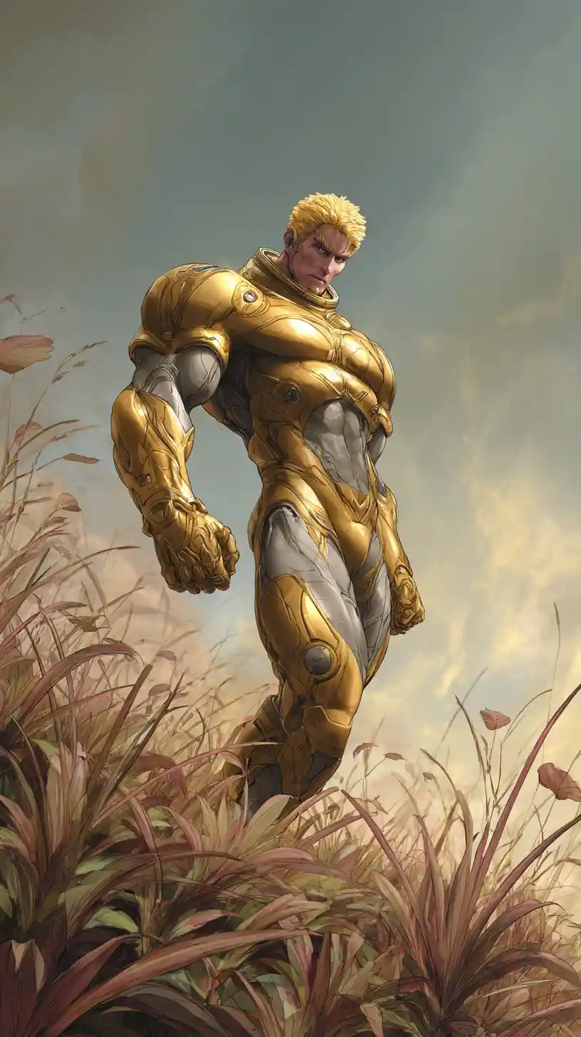 Muscular astronaut hero in a gold spacesuit on alien terrain