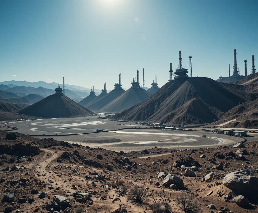 Terrils de scories industrielles dominant un paysage aride et désolé
