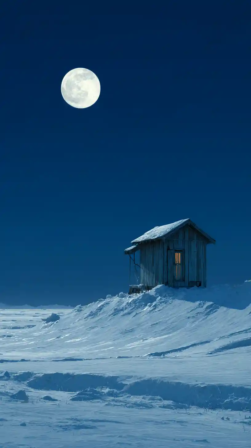 Lonely wooden house on a snowy hill under full moon
