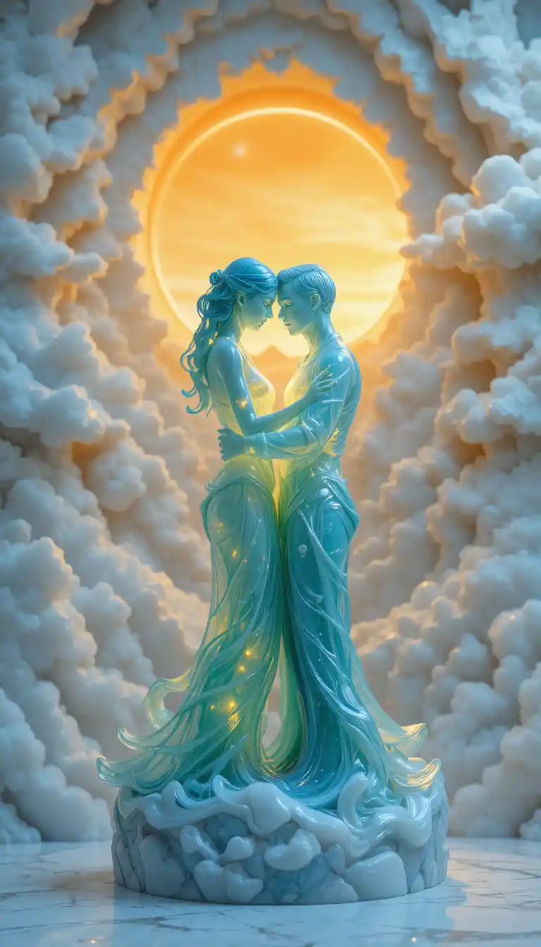 Glowing Jade Couple Sculpture In Marble Cloud Landscape