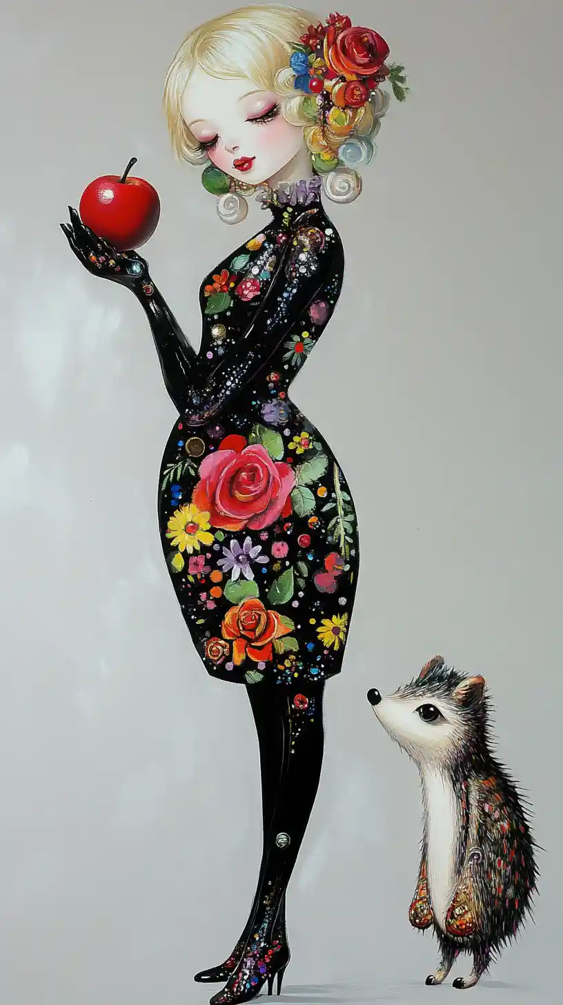Fantasy woman with floral dress and red apple in pop art