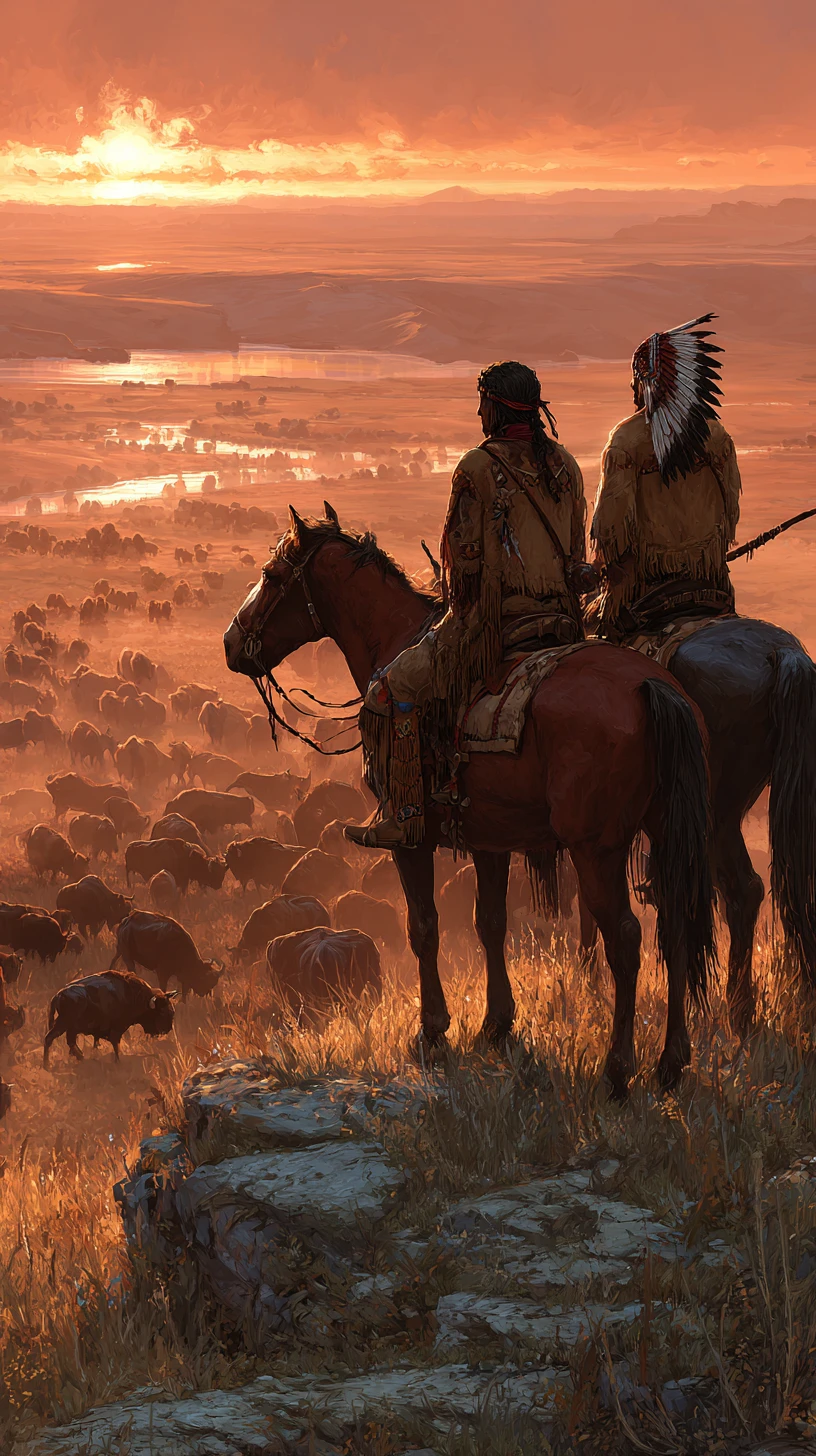 Indigenous riders watch a distant bison herd at sunset