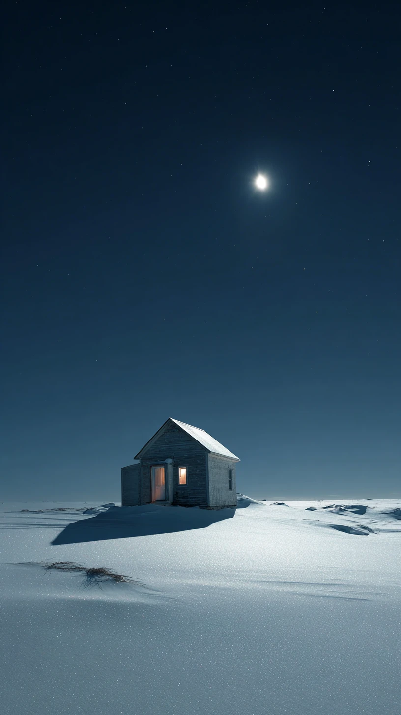 Einsames Holzhaus auf einem verschneiten Hügel im Vollmondlicht