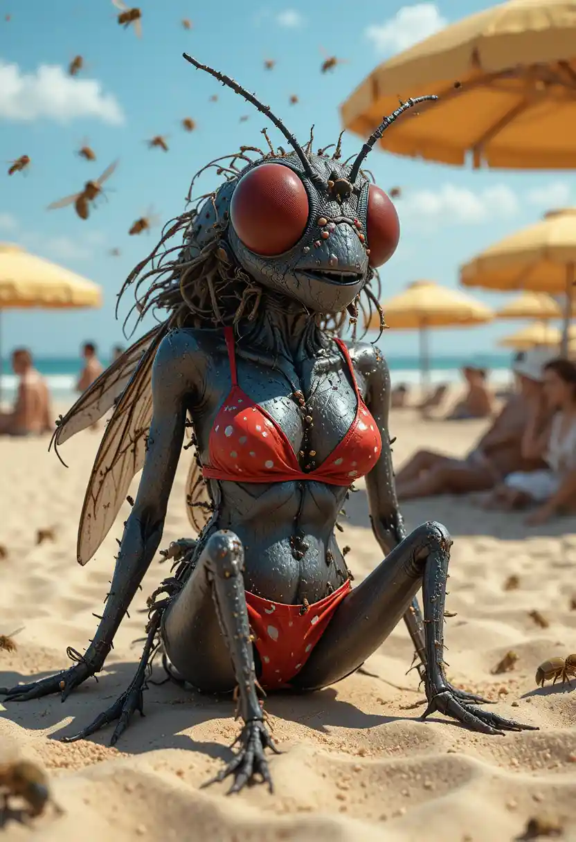 Mosca humanoide en bikini relajándose en una playa soleada