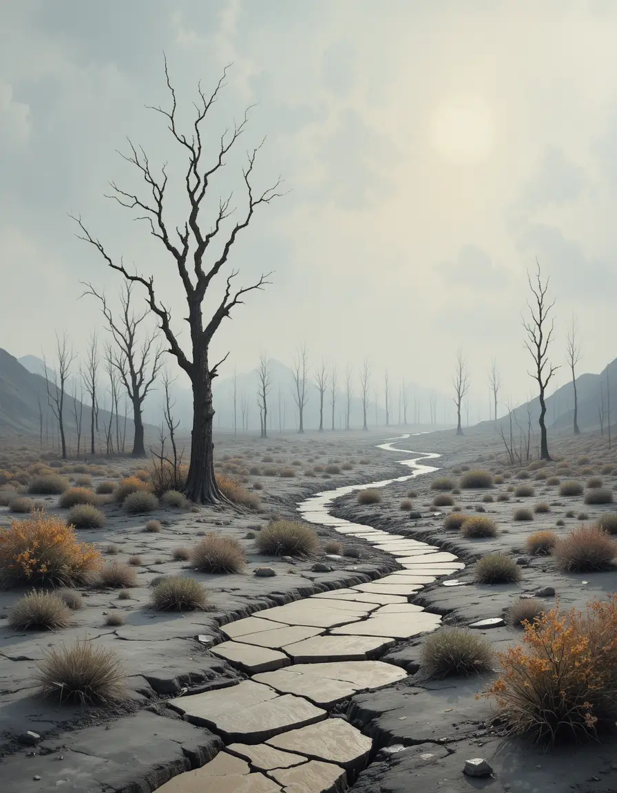 Desolate gray wasteland with withered trees and dry rivers