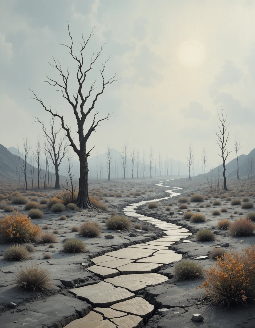 Desolate gray wasteland with withered trees and dry rivers