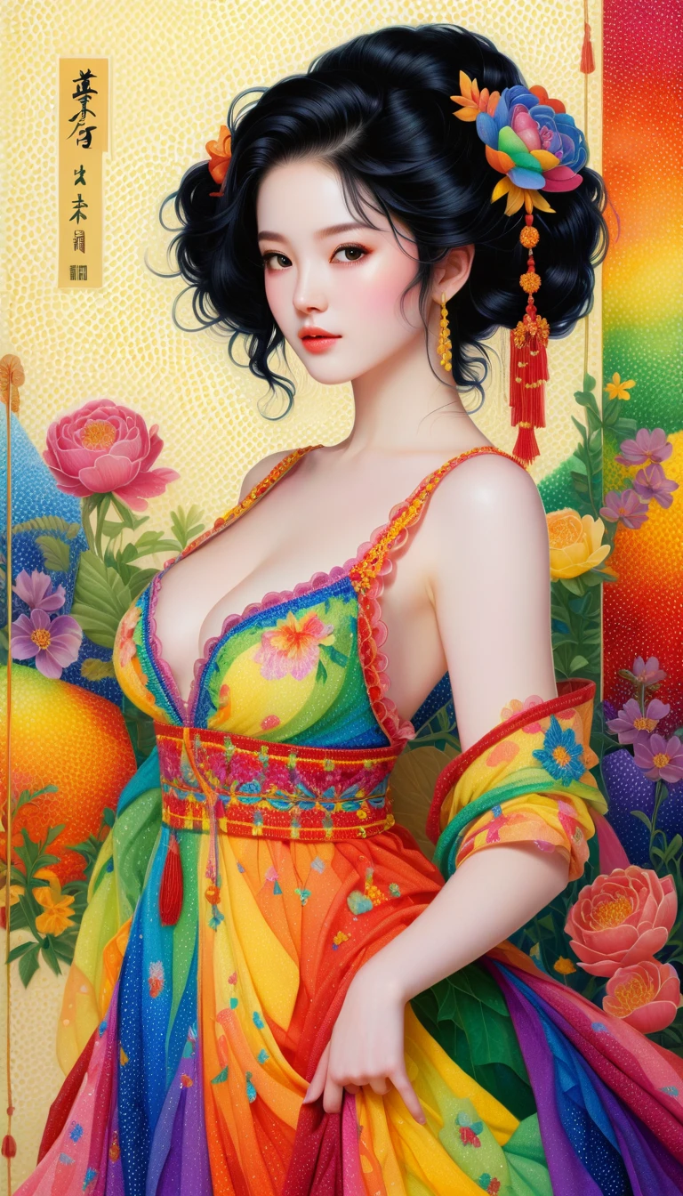Pointillist rainbow portrait of a glamorous Asian woman