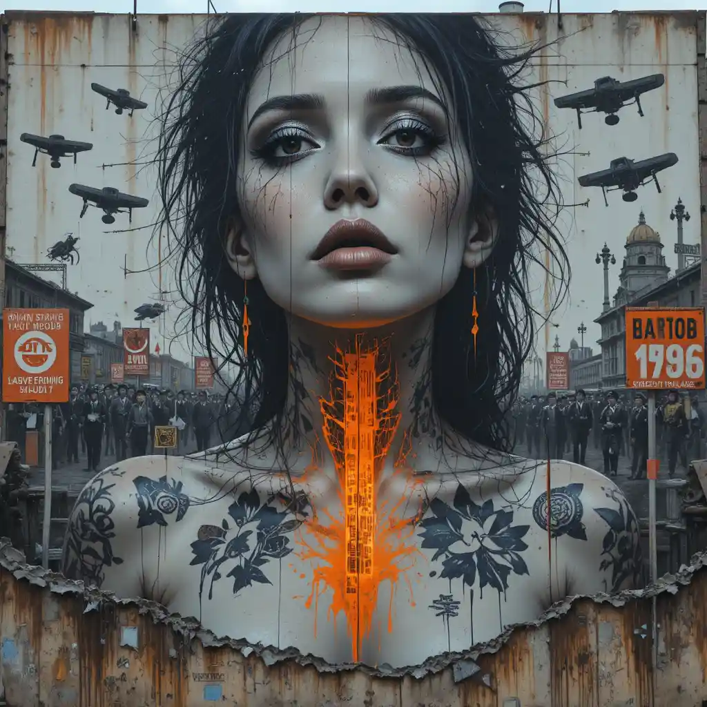 Mural distópico con retrato de mujer en un muro de contención resquebrajado