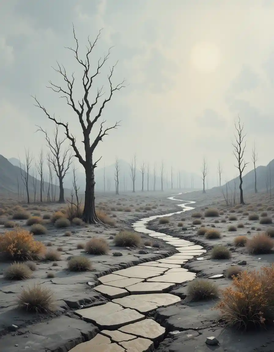 Desolate gray wasteland with withered trees and dry rivers