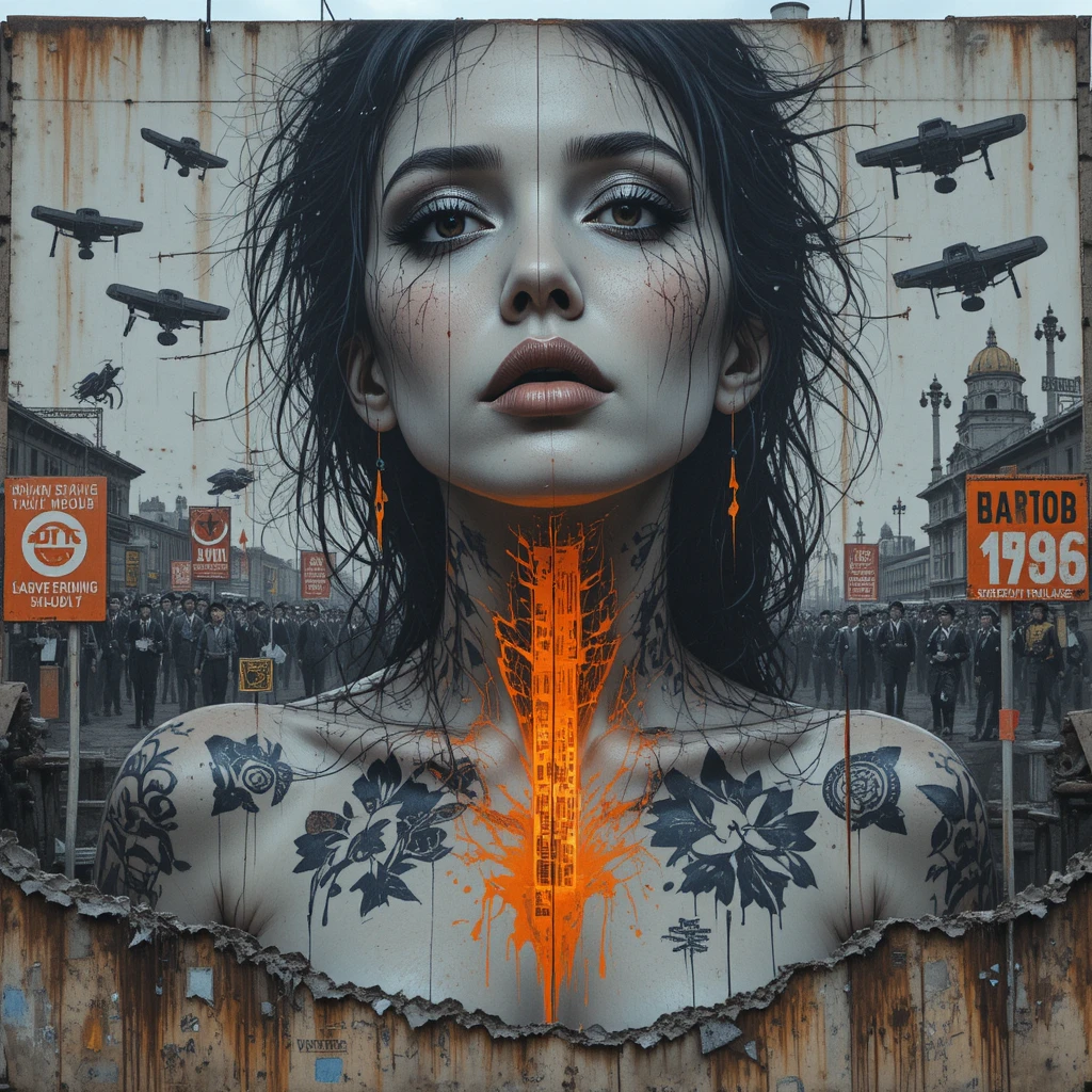 Mural distópico con retrato de mujer en un muro de contención resquebrajado