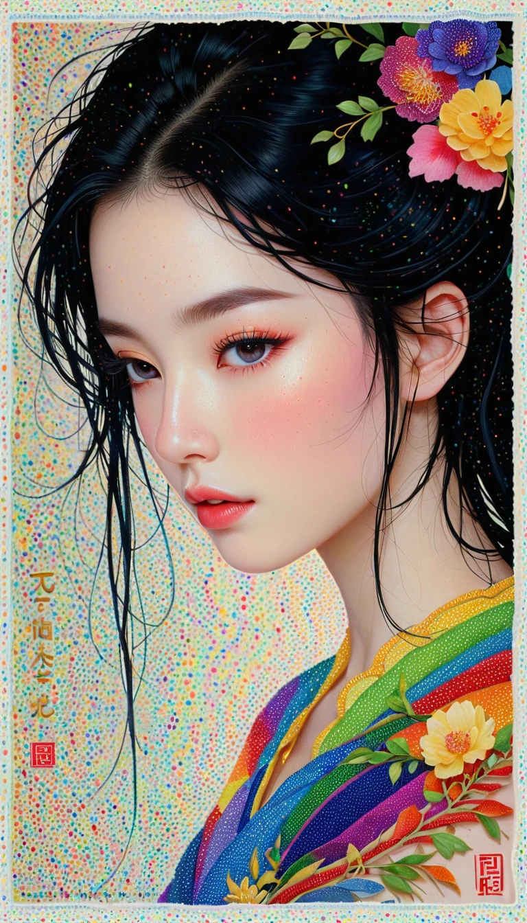 Pointillist portrait of an Asian woman with luminous rainbow dots