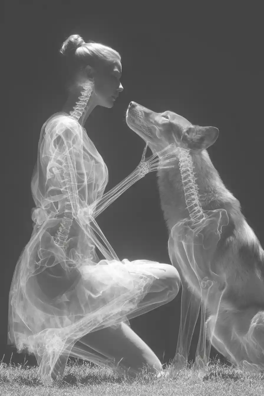 X ray view of woman and wolf playing in meadow