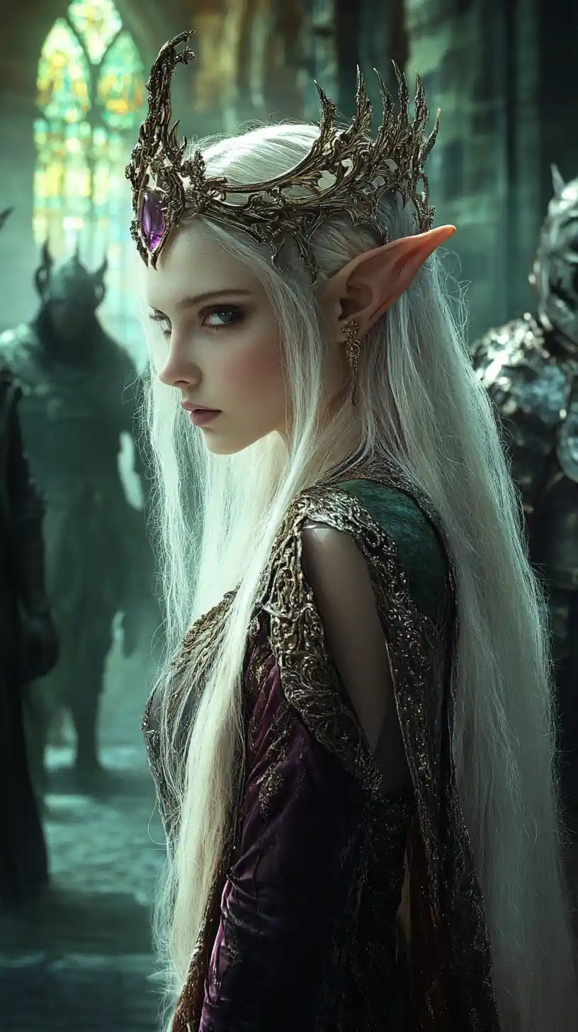 Elf queen commanding ghostly warriors in a gothic hall