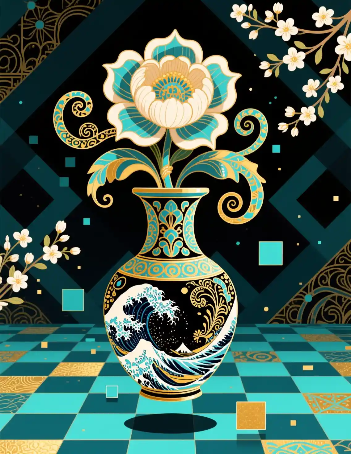 Jarrón vectorial surrealista con fondo geométrico abstracto de primavera